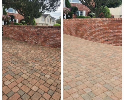 Patio paver cleaning service before and after photo.