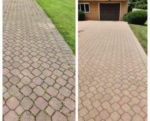 Patio paver cleaning service before and after photo.