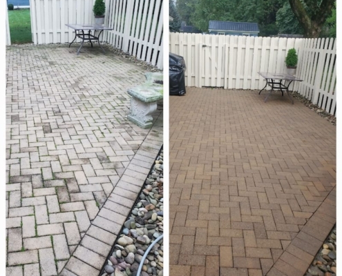 Patio paver cleaning service before and after photo.