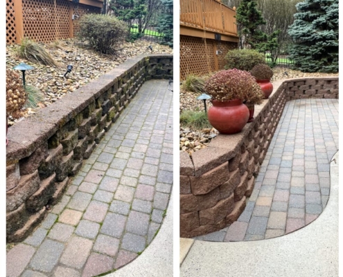 Patio paver cleaning service before and after photo.